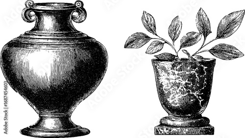 Vintage engraved illustration set of amphora vase and potted plant for retro design