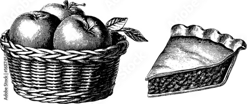 Vintage apple basket and pie hand drawn engraving for retro design projects