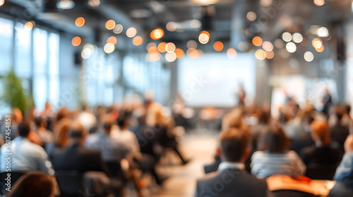 business seminar room blurred background filled with people attending speech corporate professional meeting workshop training session networking leadership discussion learning conference