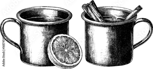Vintage engraved apple cider mug set with citrus and cinnamon illustration for design