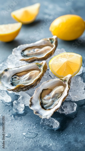 Fresh oysters on ice with lemon slices
