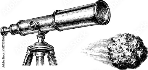Vintage engraved illustration set of astronomy with telescope and comet for educational design