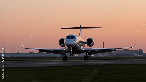 Private jet take off at sunset
