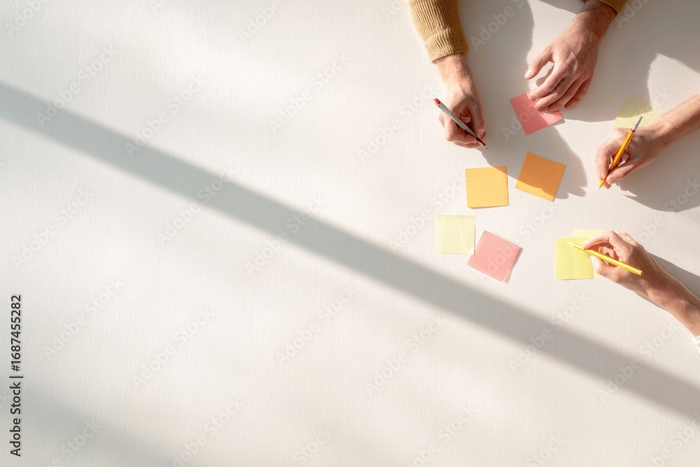 Obraz premium Hands engaged in brainstorming with colorful sticky notes on cle