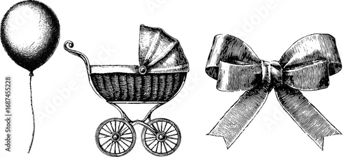 Vintage baby celebration: hand drawn engraving set with carriage, balloon, and bow