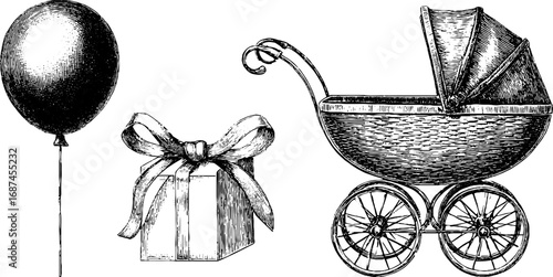 Vintage baby carriage and balloon sketch collection for retro design