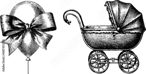 Vintage engraved illustration set of baby carriage and balloon for retro design