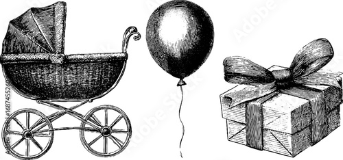 Vintage baby carriage with balloon and gift box engraving for retro design