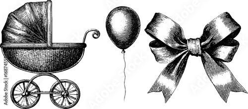 Vintage baby carriage, balloon, and ribbon set for retro design