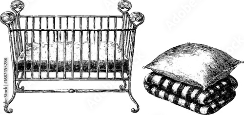 Engraved vintage set of baby crib and pillow for nursery design and decor