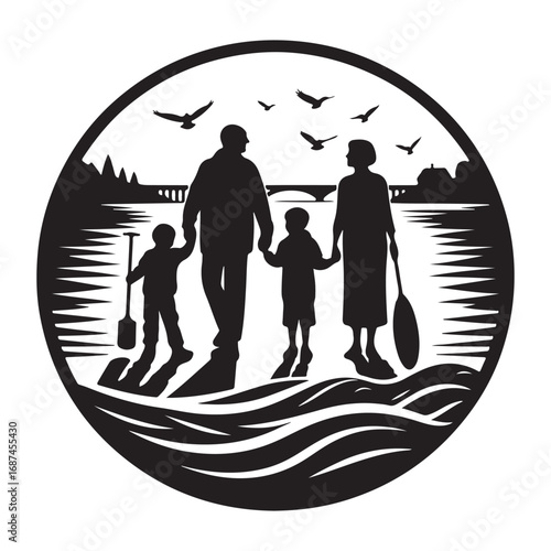 grandparents with kids vector silhouette clipart logo design illustration
