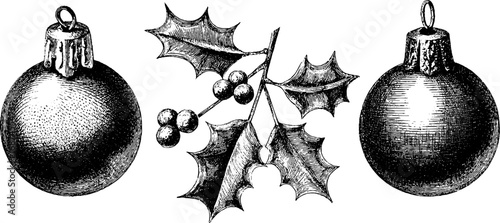 Engraved vintage bauble ornaments with holly, illustration set holiday decoration design.
