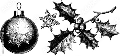Christmas bauble ornament and holly branch engraved illustration set for holiday design