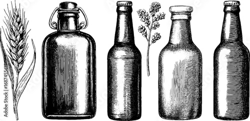 Vintage engraved beer bottle and foam collection for design and decoration
