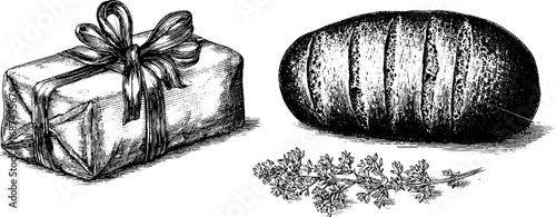 Engraved illustration of beeswax wrap and bread with herb sprig for eco-friendly kitchen design