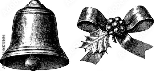 Vintage holiday bell and ribbon engraving for festive design and decoration