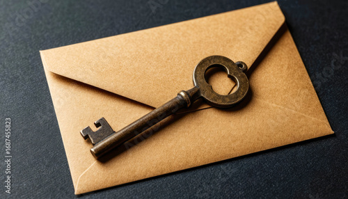 An antique metal key placed on top of a closed brown paper envelope on a dark background symbolizes mystery or secretiveness