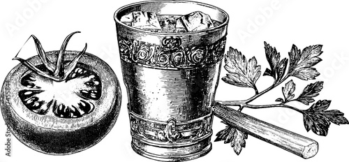Vintage engraving of bloody mary cocktail elements - glass, tomato, and celery - perfect for bar decor or menu design