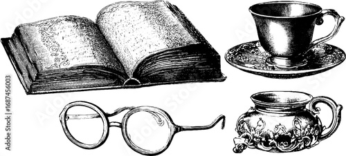Vintage engraved set: books, glasses, and teacup collection for artistic design