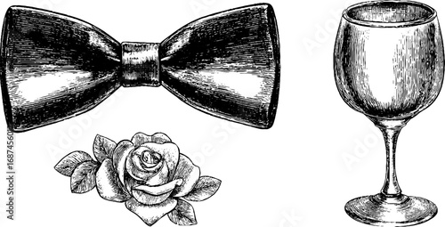 Vintage engraved illustration set of bow tie, rose boutonniere, and wine glass for retro design