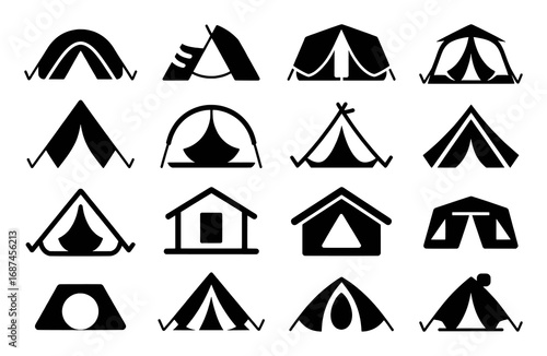 Collection of Diverse Camping Tent Icons in Black and White