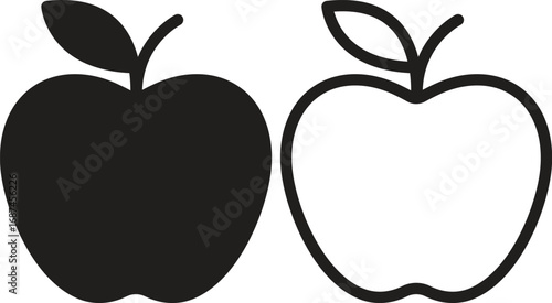Black and White Apple Silhouette with Outline Vector Illustration.