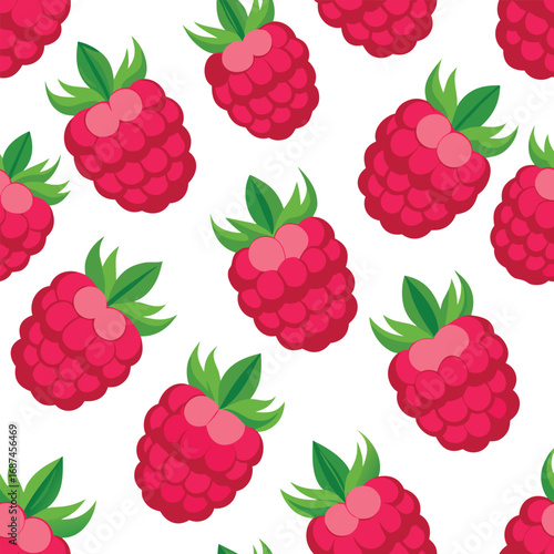 Vector vector art of seamless pattern of ripe red raspberries with green leaves transparent background