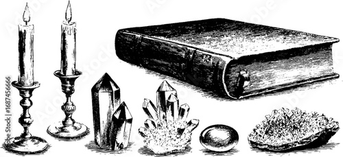 Vintage engraving of candles, book, crystals, and minerals for retro design and decor