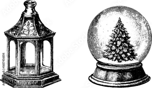 Vintage holiday lantern and snow globe illustration set - design for prints and cards