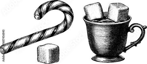 Vintage engraved illustration set of candy cane and hot chocolate with marshmallows for festive holiday design