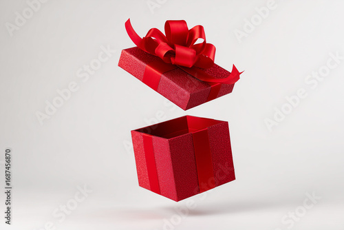 Open Red Gift Box with Ribbon on White Background