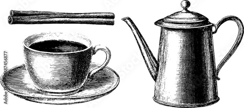 Vintage engraved set of cappuccino cup and coffee pot design for café decor