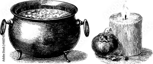 Engraved vintage cauldron with bubbling potion and candle illustration set for halloween design