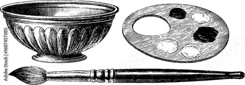 Vintage engraved illustration set of ceramic bowl with paint palette and brush for artistic design