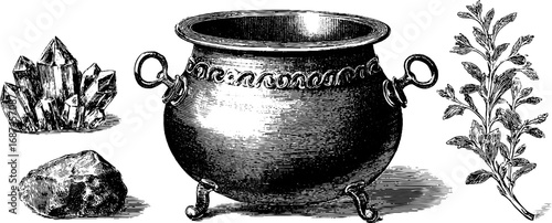 Enchanted elements: engraved collection of cauldron, crystal, and mystical herbs for magic and alchemy