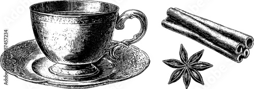 Vintage engraved illustration of chai cup with cinnamon and star anise for retro design