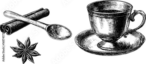 Vintage engraved illustration set of chai cup with cinnamon and anise for culinary design