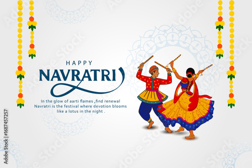 Happy Navratri Garba Dance Illustration with Traditional Couple and Floral Decoration