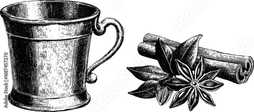 Vintage chai cup and cinnamon sticks engraving for design projects