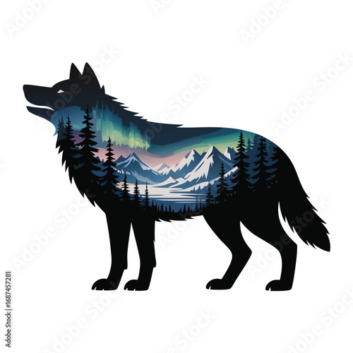Majestic wolf silhouette filled with a breathtaking northern lights aurora borealis over snowy mountains and pine forest landscape isolated on transparent background