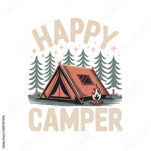 Happy camper illustration featuring a vintage style tent and campfire in a forest with stars above isolated on transparent background