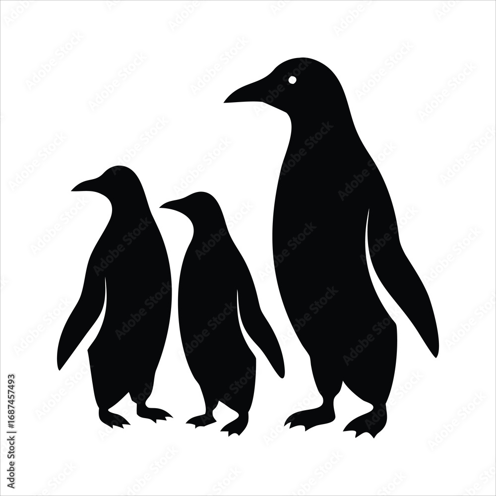 Fototapeta premium Three black penguin silhouettes standing together on white background