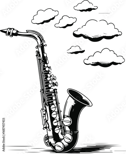 Black and white line art of a saxophone releasing clouds instead of sound, surreal minimal doodle vector illustration
