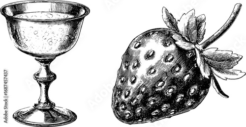 Vintage engraved set of champagne glass and strawberry sketch for design