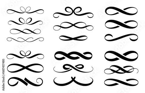 Collection of Elegant Black Flourishes and Ornate Swirls on White Background