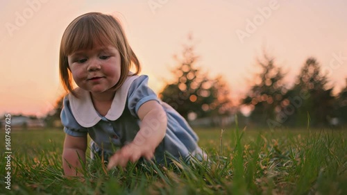 Adorable baby girl exploring nature, crawling in green grass during a beautiful sunset