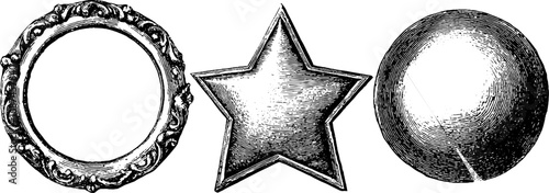 Vintage engraved illustration set of circle, triangle, and star for retro design and decoration