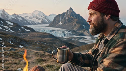 Bearded hiker enjoying a hot drink from a metal cup while sitting near a campfire, with a glacier and mountains in the background