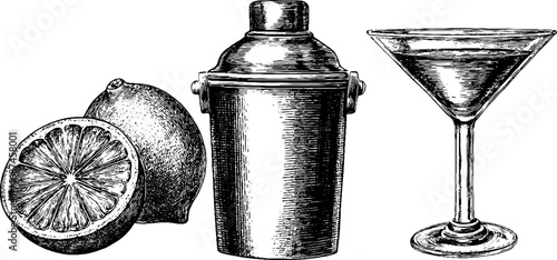 Vintage engraved illustration set featuring cocktail shaker with lemon and martini glass for retro bar design