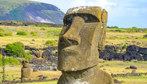 Ancient stone head in landscape